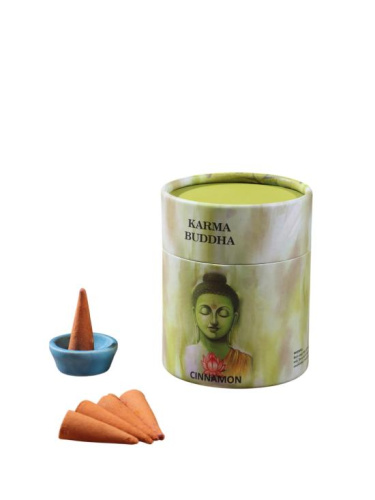 Благовония конусы Kharma Buddha Cinnamon (Корица), 30 шт с керамической подставкой, тубус фото 2